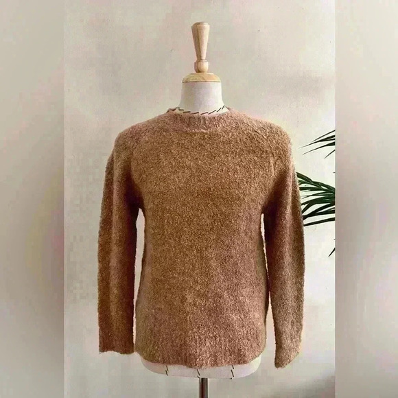 Mango Basics Warm Tan Faux Shearling-Look Sweater XS | Beige Pullover Crew Neck - Picture 1 of 7